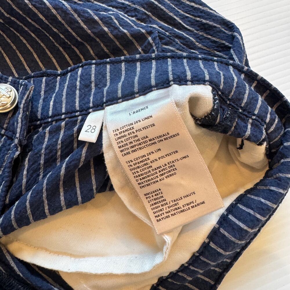L'AGENCE Jameson High Rise Shorts Size 28 Navy Stripe Seersucker Cotton Linen - Picture 7 of 16